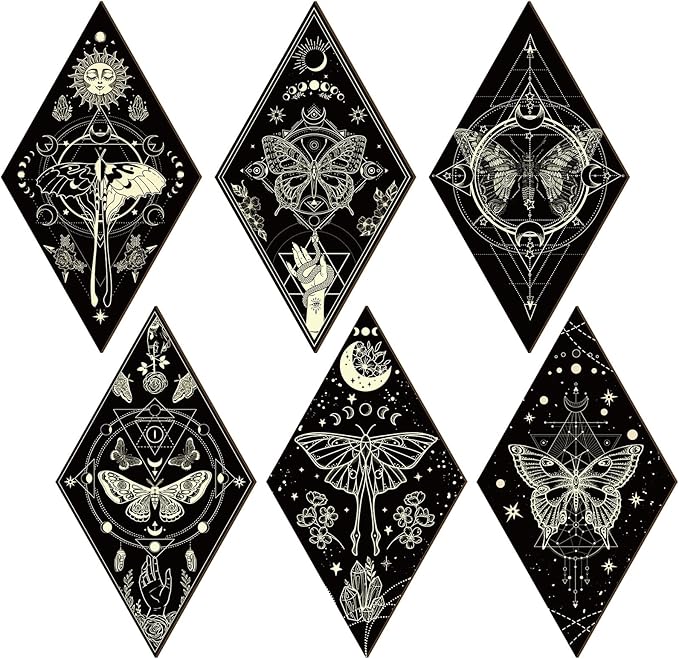 Sintuff 6 Pieces Halloween Gothic Wall Decor Boho Sun Moon Phases Wall Art Gothic Minimalist Stars Sun Hanging Wooden Home Decor Farmhouse Pediments for Gallery Living Bedroom Room(Mysterious)