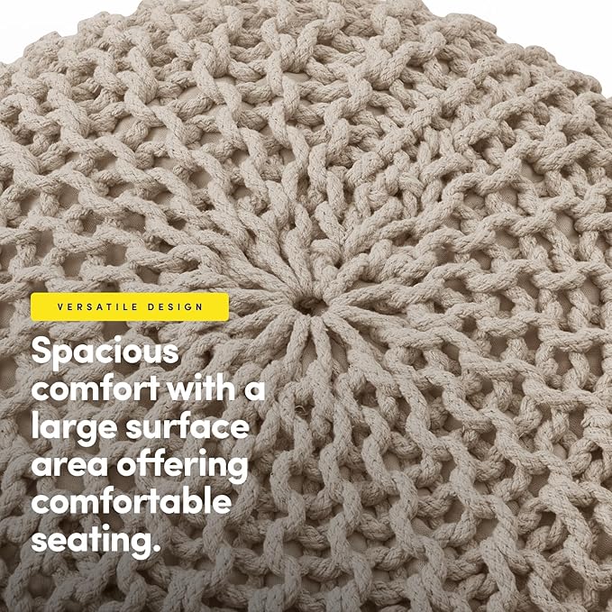 Pouf Ottoman Foot Rest Stuffed – 20” Diameter x 14” Tall Cozy Floor Pouf for Living Room, Bedroom, Nursery & More – 100% Cotton Knit Shell, EPS Bead Filled Footrest & Accent Chair, Beige