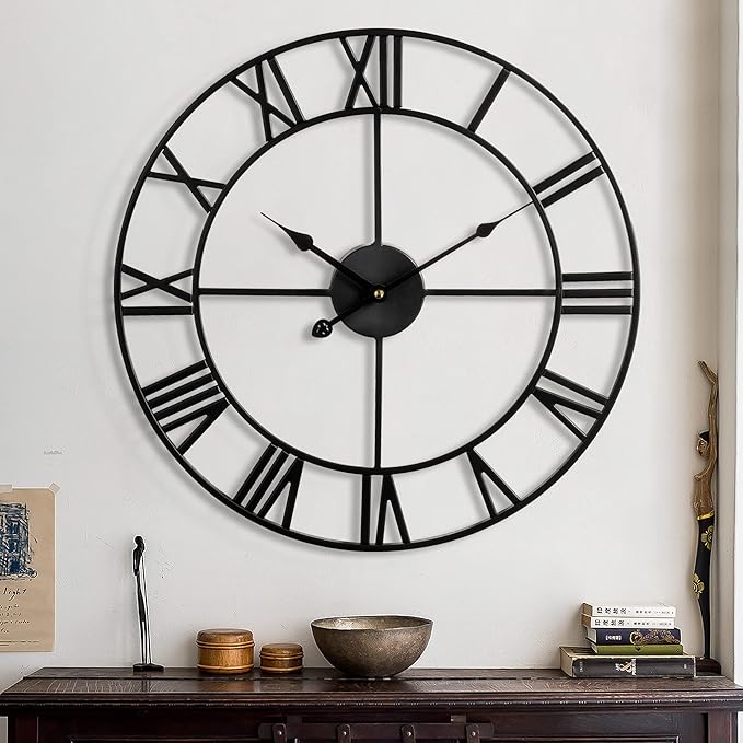 1st owned Large Wall Clock, Metal Retro Roman Numeral Clock, Modern Round Silent Wall Clocks, Easy to Read for Living Room/Home/Kitchen/Bedroom/Office/School Decor (Black, 32 Inch)