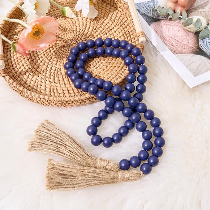 OMISHE 59in Wood Bead Garland with Tassels, Decorative Beads, Farmhouse Wooden Beads Garland for Wall Hanging Home Festival Decor, Navy Blue