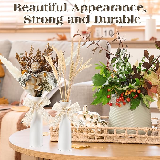 6 Pcs Ceramic White Vases for Home Decor with Cotton lace and Rope 7.09 inch Tall Vases for Centerpieces Modern Floral Vase Wedding Party Event Home Office Decoration