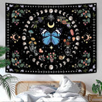Aipon Blue Butterfly Moon Flower Tapestry Botanical Boho Plant Floral Wall Hanging for Bedroom and Living Room (36.00'' 48.00'', Blue)