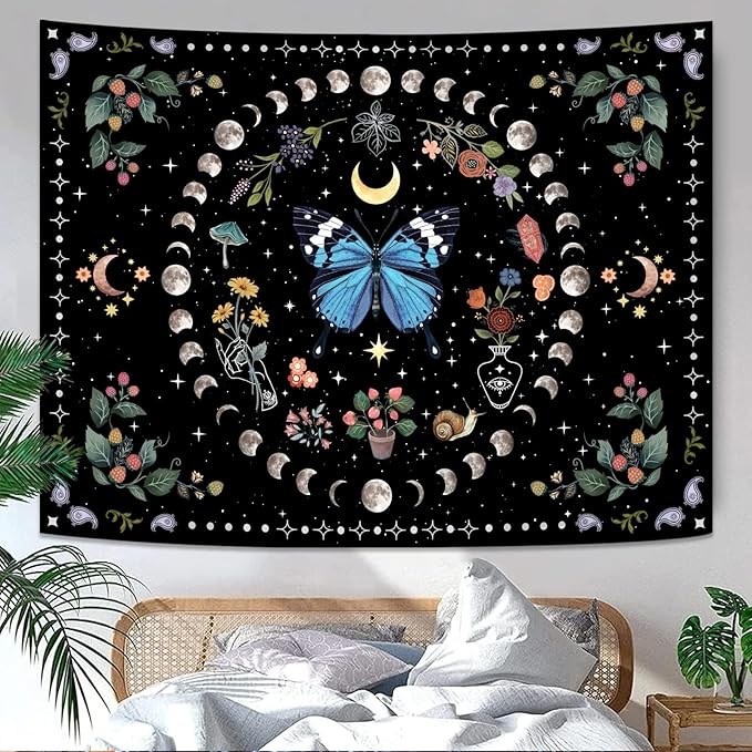 Aipon Blue Butterfly Moon Flower Boho Floral Tapestry for Bedroom & Living Room (60.00'' 80.00'', Blue)