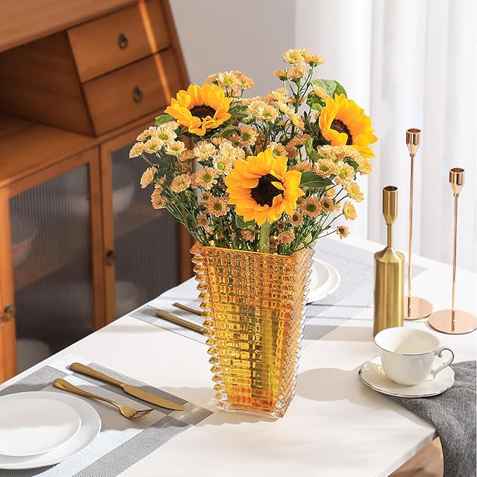 MCMCNCUIU Crystal Glass Vase, Large Crystal Vases for Flowers, Large Flower Vase,Amber Modern Vases for Living Room, Bedroom, Kitchen, Dining Table, Mantle, Wedding, 11 Inches