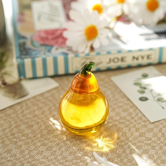 Crystal Pear Figurines Collectibles Glass Fruits Decor for Office Tabletop Centerpiece Art Crystal Paperweights Glass Fruits Decoration for Home Kitchen Gifts for Mum