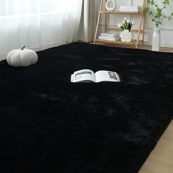 Area Rugs 9x12 Living Room: Black Shag Rug 9x12 Area Rugs - Large Plush Fluffy Carpet for Living Room