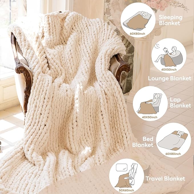 Chunky Knit Blanket - Luxury Soft Cozy50 * 60 Throw Blanket,100% Woven Blanket Rope Knot Throw Blanket for Couch, Sofa, Home Decor, Gift - Machine Washable（Cream）