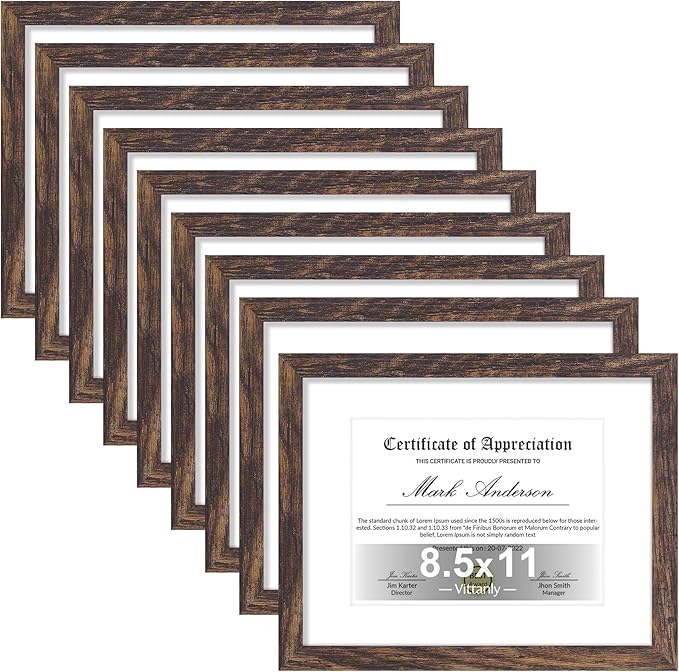 Vittanly 8.5x11 Picture Frames Set of 9, Shatter Resistant Plexiglass, Display 6x8 Pictures with Mat or 8.5x11 without Mat, Photo Frames for Wall or Tabletop, Engineered Wood, Brown