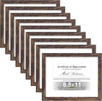 Vittanly 8.5x11 Picture Frames Set of 9, Shatter Resistant Plexiglass, Display 6x8 Pictures with Mat or 8.5x11 without Mat, Photo Frames for Wall or Tabletop, Engineered Wood, Brown