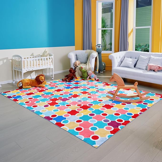 Machine Washable Polka Dot Rug for Kids Area - Multicolor Soft Rug for Nursery/Playroom/Classroom - 5x8