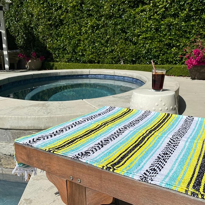 Del Mex Classic Mexican Blanket, Large Authentic Woven Falsa Throw (70"x50"), Artisan Southwest Décor for Beach, Yoga, Outdoors (Mint/Yellow)