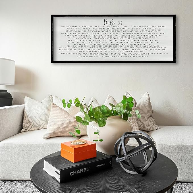 ZZJJHYWGQ Catholic Wall Decor Psalm 91 Bible Verse Wall Art 32"×12" Scripture Print Sign for Home Prayer Room Family Christian Inspirational Quotes Wood Framed Religious Wall Hanging (Black)