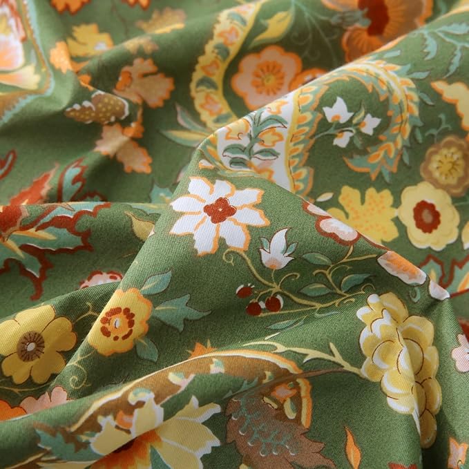 ABREEZE Paisley Bedding Sets 3Pcs Brushed Cotton Duvet Cover Set King Size Rustic Damask Green Floral Comforter Cover with Zipper Closure Boho Bedding Collections