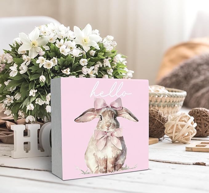 SRADMO Pink Coquette Bow Hello Bunny Wood Box Sign Desk Decor, Bunny Decorations, Easter Theme Wooden Block Box Sign Decoration for Home Office Shelf Table Decor