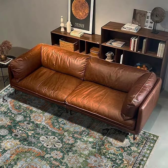 RUGSURE Washable Area Rugs - Perfect for Living Room, Bedroom, Kids Room, Nursery - Stain & Water Resistant Non-Slip, Pet & Child Friendly, Vintage Tribal Area Rugs (Green, 6' x 9')