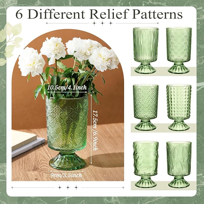 6 Pcs (H:7" W:4") Embossed Flower Vase Fall Pedestal Glass Vase Big Base Thickened Crystal Vintage Vases for Autumn Wedding Home Decor Table Centerpiece House Warming Gifts(Green)
