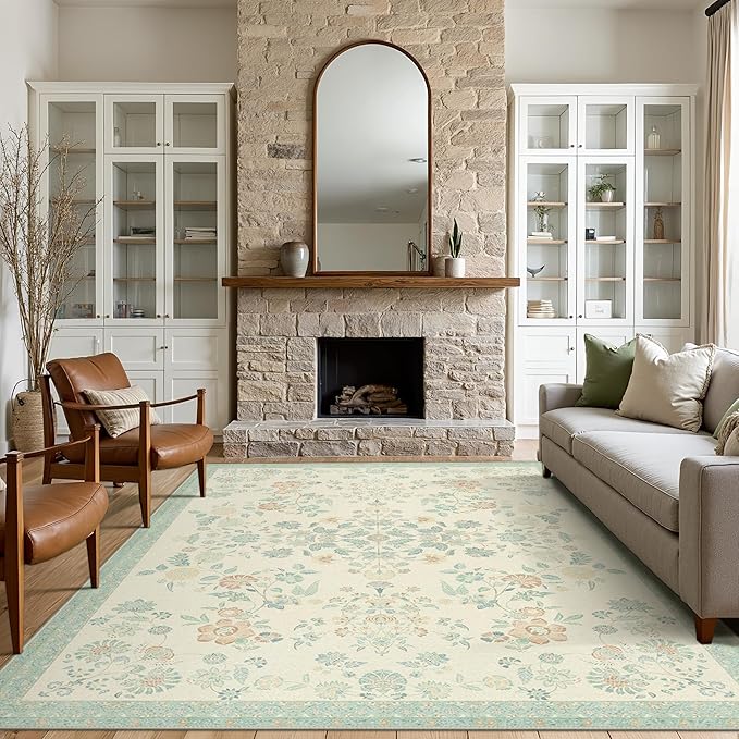 GENIMO 6x9 Area Rugs for Living Room, Machine Washable Non Slip Vintage Rugs, Low Pile Lightweight Chenille Print Rug for Bedroom, Dining Room, Home Office, Beige/Green
