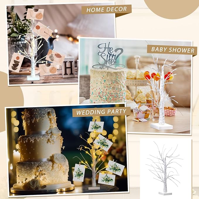 Retisee 4 Pieces Money Tree Gift Card Holder with 12 Clips & 24 LED Lighted Tips 23" White Birch Money Tree for Cash Memo Photo Picture Tabletop Display Christmas Birthday Party Wedding Gifts