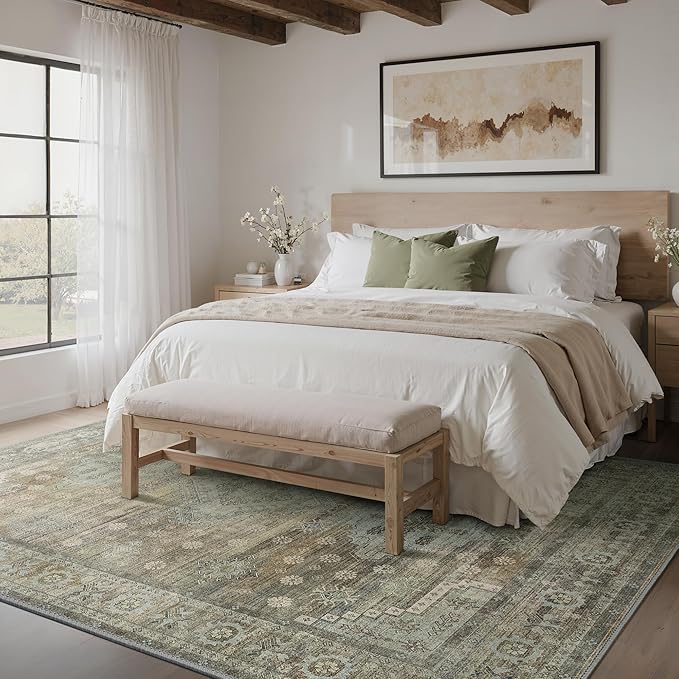 Area Rugs 9x12 for Living Room Bedroom, Modern Boho Machine Washable Large Distressed Light Greyish Sage Green Rug, Low Pile Floor Carpet with Non Slip Backing for Dining Room