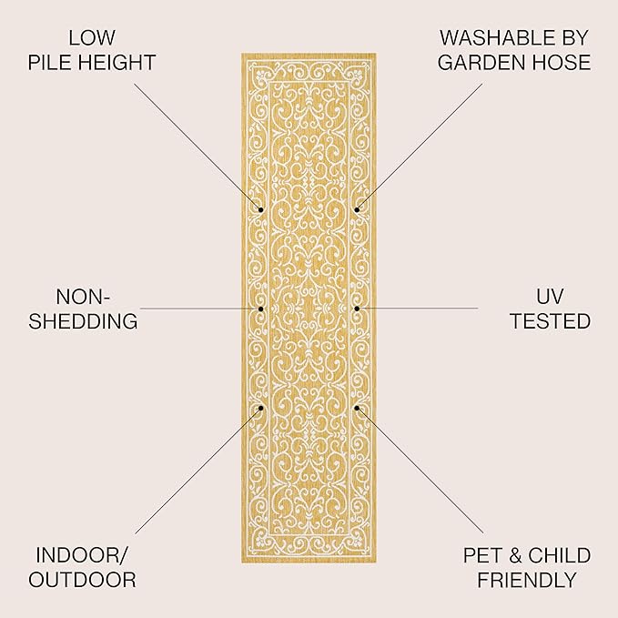 JONATHAN Y Vintage Filigree Indoor Outdoor Runner Rug 2X10 Yellow/Cream, Charleston Textured Weave for Backyard, Patio, Porch, Easy-Cleaning, High Traffic, Pet-Friendly, Non-Shedding (SMB106L-210)