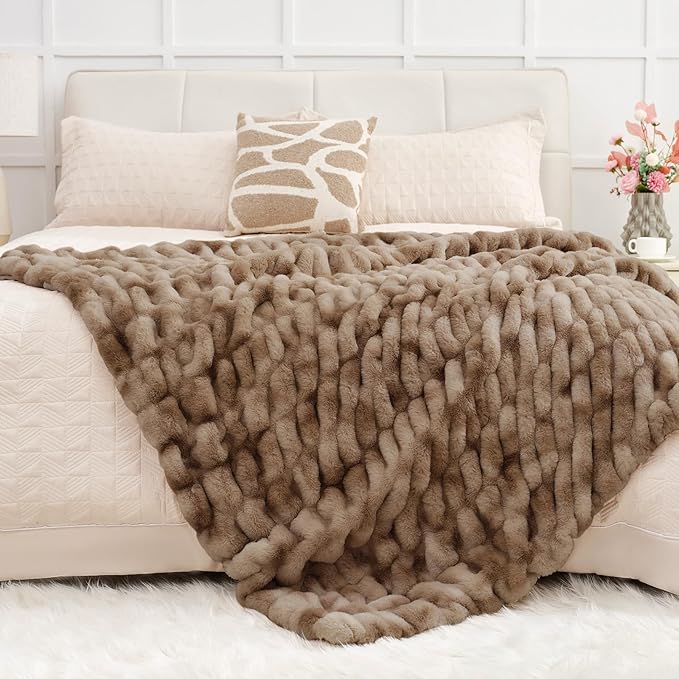 Ultra Soft Luxury Faux Fur Twin Blanket for Counch,Fuzzy Fluffy Plush Warm Cozy Elegant Wrinkled Blanket for Sofa Bedroom Living Room,（60"x80",Tie-dye Coffee）