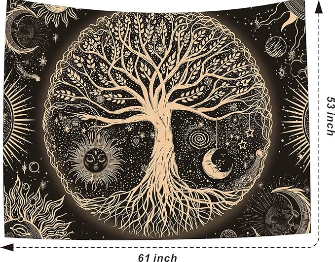 FORATER Tree of Life Tapestry Wall Hanging Sun Moon Stars Tapestries Aesthetic Galaxy Wall Tapestry Nature Home Decoration for Living Room Bedroom(53 x 61 Inch, Black and Gold)