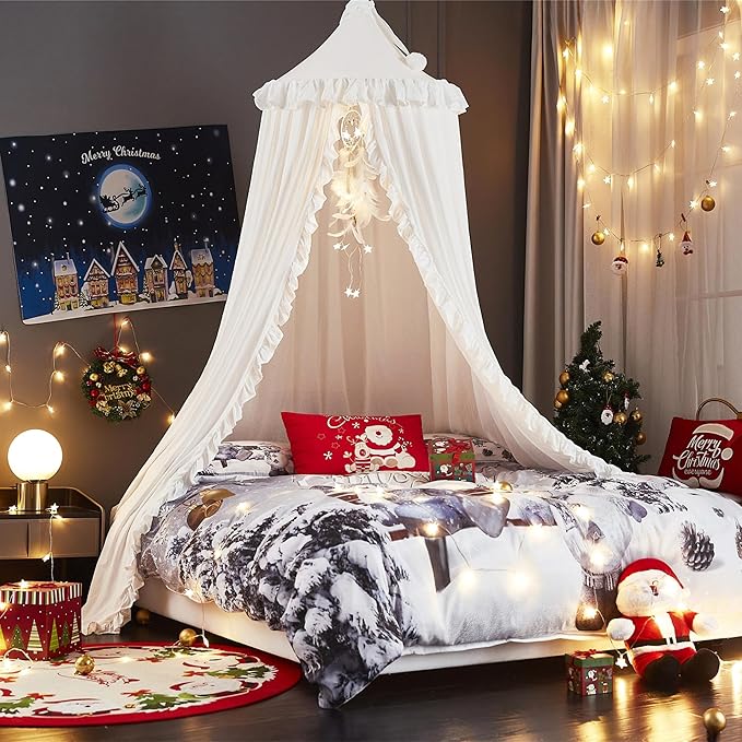 VETHIN Bed Canopy for Girls,Princess Round Dome Dreamy Mosquito Net Bedding Girls Room Castle Play Tent Hanging House Decor Reading Nook Canopies (White)