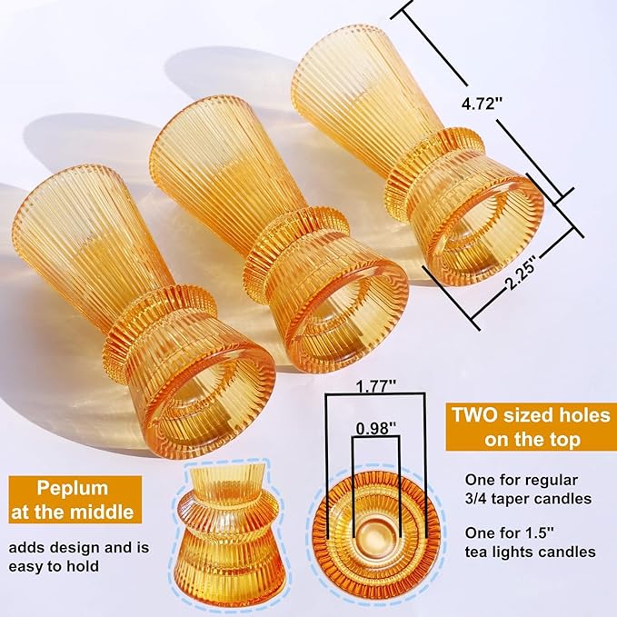VOHO Vintage Ribbed Taper Candle Holders Set of 3, Boho Amber Candle Sticks Holder Decor Fall Centerpieces for Tables Thanksgiving, Minimalist Tapered Candlestick Holders for Tea Light & Taper Candles