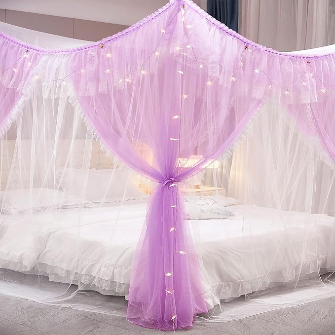 VETHIN 4 Corners Post Ruffle Princess Bed Canopy Curtain-Double Layer Cozy Drape Netting 4 Opening Mosquito Net for Girls Adults Bedroom Decoration (Double-Purple, 64" W*82" L*82"*H/(Queen))