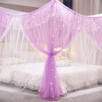 VETHIN 4 Corners Post Ruffle Princess Bed Canopy Curtain-Double Layer Cozy Drape Netting 4 Opening Mosquito Net for Girls Adults Bedroom Decoration (Double-Purple, 78" W*86" L*82"*H/(King))