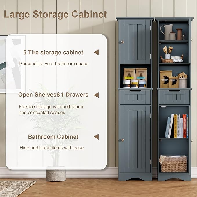 ChooChoo 67" Tall Bathroom Storage Cabinet Freestanding with Adjustable Shelves, Narrow Storage Linen Cabinet with 2 Doors and 1 Drawers for Bathroom, Living Room, Kitchen, Grey