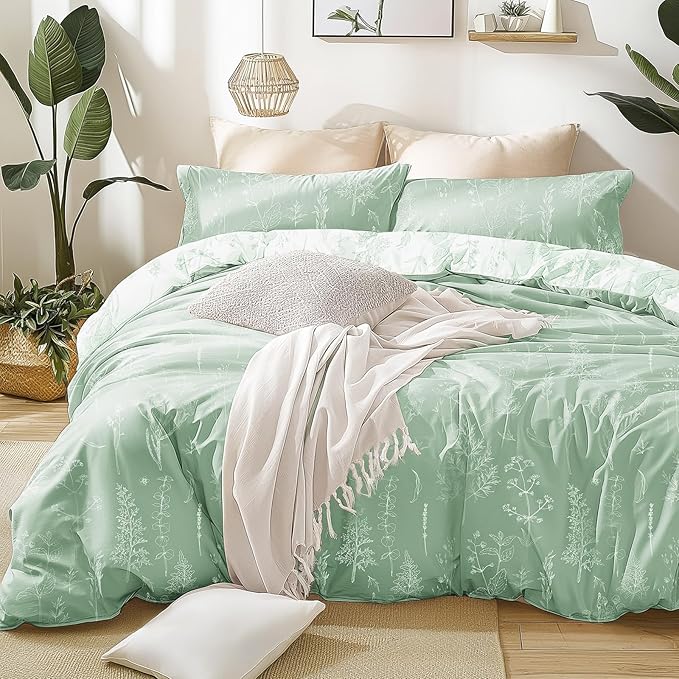 Love's cabin Sage Green Comforter Set Full - Full Size Comforter Set, 3 Pieces Cute Floral Bedding Sets for All Seasons,1 Soft Reversible Botanical Flowers Comforter and 2 Pillow Shams