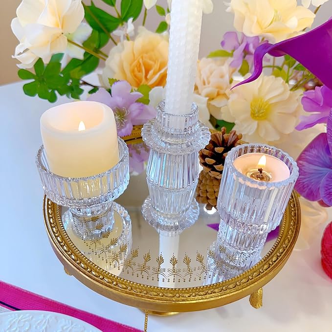 Double Sided Vintage Ribbed Taper Glass Candle Holders,Tea Candle Holder for Table Centerpieces, Wedding Decorations and Dinner Parties (Clear, 3 PCS)