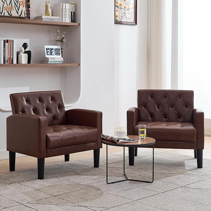 TYBOATLE Accent Chair Comfy Living Room Chair Leather Tufted Mid Century Modern Accent Chair, Small Cozy Reading Arm Chair for Office, Bedroom (1, Brown)