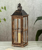 Large Farmhouse Wooden Decorative Lantern Set of 2, Rustic Distressed Brown Burnt Wood Floor Candle Lanterns, Indoor/Outdoor Hanging Lanterns for Home Decor (No Glass)