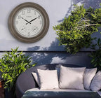 CLXEAST 24 Inch Self-Illuminated in/Outdoor Atomic Wall Clock with Temperature and Humidity, Oversized Large 24 Inch Wall Clocks for Living Room Decor, Brushed Grey Oak Wooden Finish