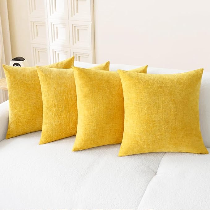CaliTime Throw Pillow Covers Decorative 18 X 18 Inches Pack of 4 Cozy Chenille Cushion Cases for Couch Sofa Bed Living Room Home Mustard Yellow