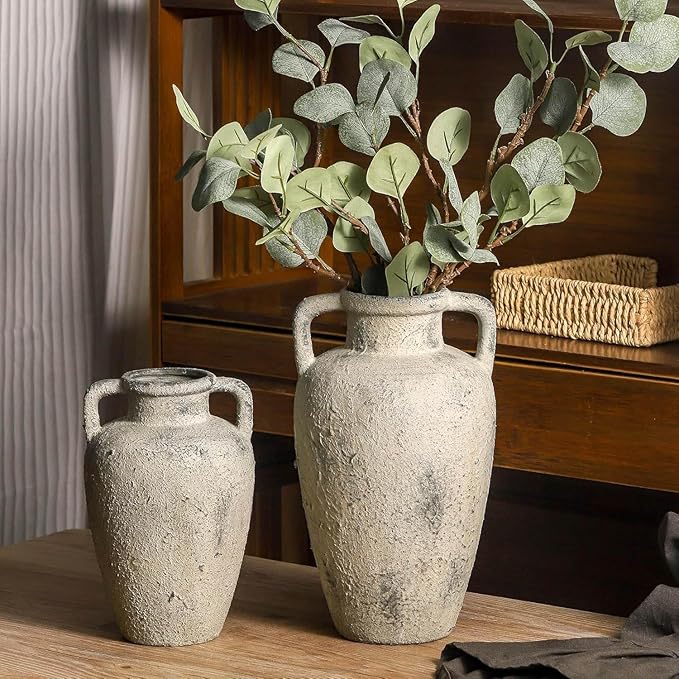 Ceramic Vase with 2 Handles, 8.85 inch Tall Vintage Farmhouse Flower Vase for Home Decor, Wide Mouth, Living Room Shelf Decor, Enterway, Table