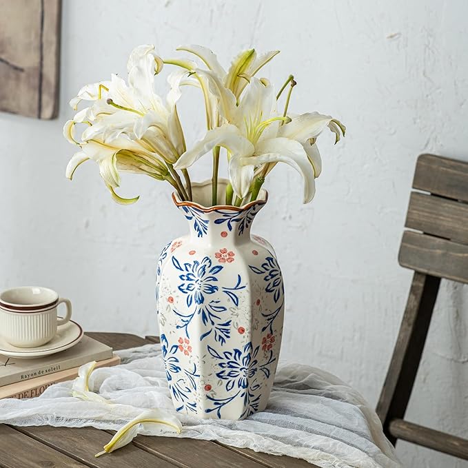 9.5 Inch Vintage Ceramic Vase, Chinoiserie Flower Vases Decorative Antique Vases for Home Decor, Rustic Blue and Pink Porcelain Vase Farmhouse Shelf Table Centerpieces Decor