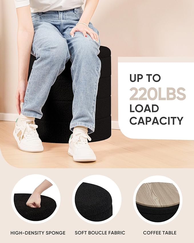 B FSOBEIIALEO Ottoman with Stroage, Round Sherpa Storage Ottoman Stool, Boucle Foot Rest 16.9"x16.9"x17.7"（Black