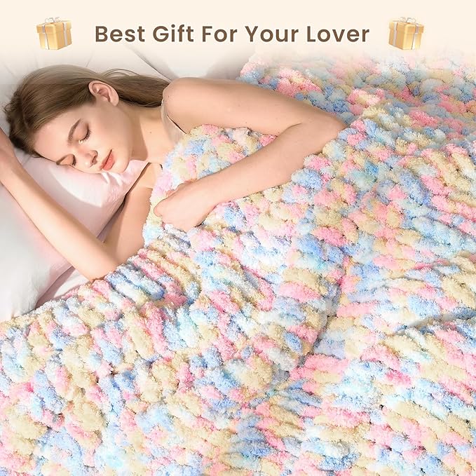 L'AGRATY Chunky Knit Blanket Throw: 60''x80'' Chenille Chunky Knitted Throw Blankets for Twin Bed Couch - Handmade Thick Cable Knit Blanket - Large Crochet Rope Blankets for Home Decor