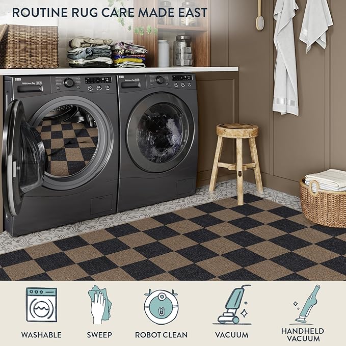 Lahome Checkered Easy Jute 2x8 Runner Rug, Washable Kitchen Runner Rug Non Slip for Entryway Indoor, Checkerboard Black Indoor Outdoor Carpet for Hallway 8ft Entry Laundry Porch