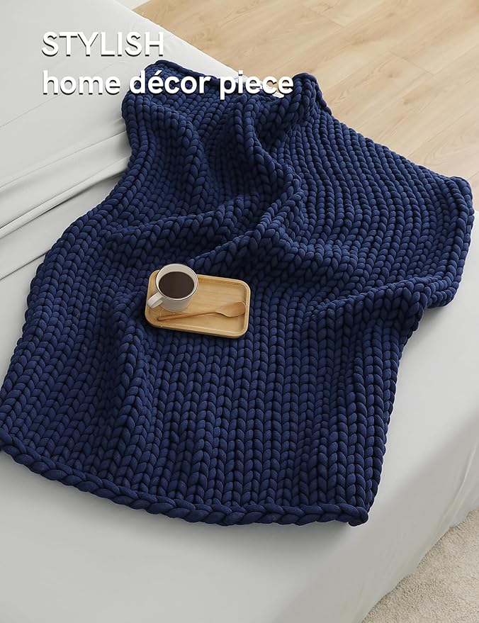 YnM Chunky Throw Blanket, Medium-Weight, Hand Knitted, Skin Friendly, Ventilated and Breathable, Machine Washable, Home Décor Piece for Couch, Sofa and Bed (Indigo Blue, 60x80 Inch)