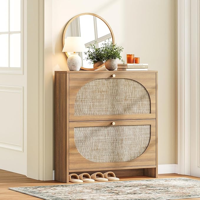 Nicetree Freestanding Ultra Slim Fluted Accent Shoe Storage Cabinet for Entryway - 2 Flip Drawers & 3-Tier Adjustable Shelves, Farmhouse Modern Rustic Shoe Rack for Hallway, Foyer