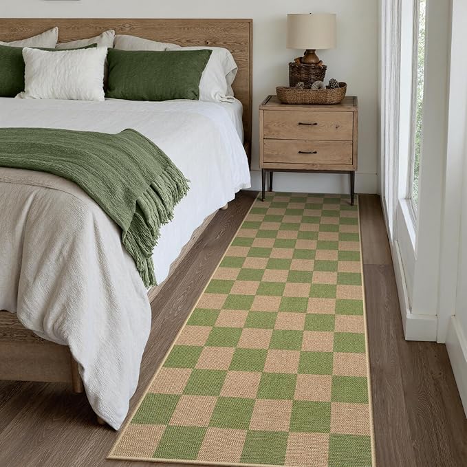 Lahome Checkered Entryway Runner Rug, 2x8 Green Washable Rug Runners for Hallway Non Slip, Farmhouse Indoor Outdoor Non Shedding Kitchen Mats for Floor Porch Balcony