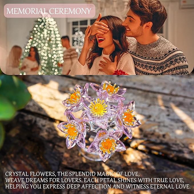 Pink Crystal Flower Ornament with Base Flower Figurine Collections Glass Flowers Bouquet Gift for Women Crystal Christmas Decoration for Home