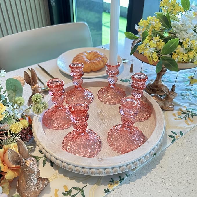 Glass Candlestick Holder,Striped Taper Candle Holders,Set of 6 Candle Stand for Table Centerpieces, Home Decor,Weddings,Festival and Parties (Peach Red Dimond)