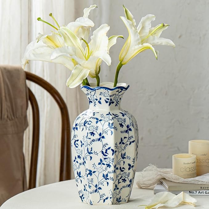 Blue and White Ceramic Vase, 9.5 Inch Vintage Chinoiserie Flower Vase Decorative Antique Vases for Home Decor, Rustic Porcelain Vase Farmhouse Shelf Table Centerpieces Decor