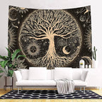 FORATER Tree of Life Tapestry Wall Hanging Sun Moon Stars Tapestries Aesthetic Galaxy Wall Tapestry Nature Home Decoration for Living Room Bedroom(53 x 61 Inch, Black and Gold)