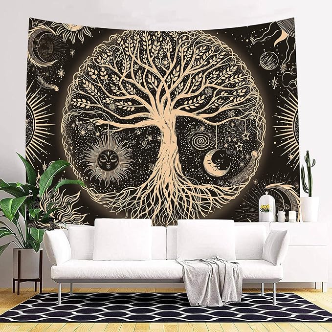 FORATER Tree of Life Tapestry Wall Hanging Sun Moon Stars Tapestries Aesthetic Galaxy Wall Tapestry Nature Home Decoration for Living Room Bedroom(61 x 82 Inch, Black and Gold)